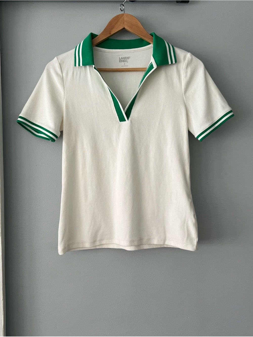 Lands' End White Ribbed Polo Top with Green Trim Stretchy